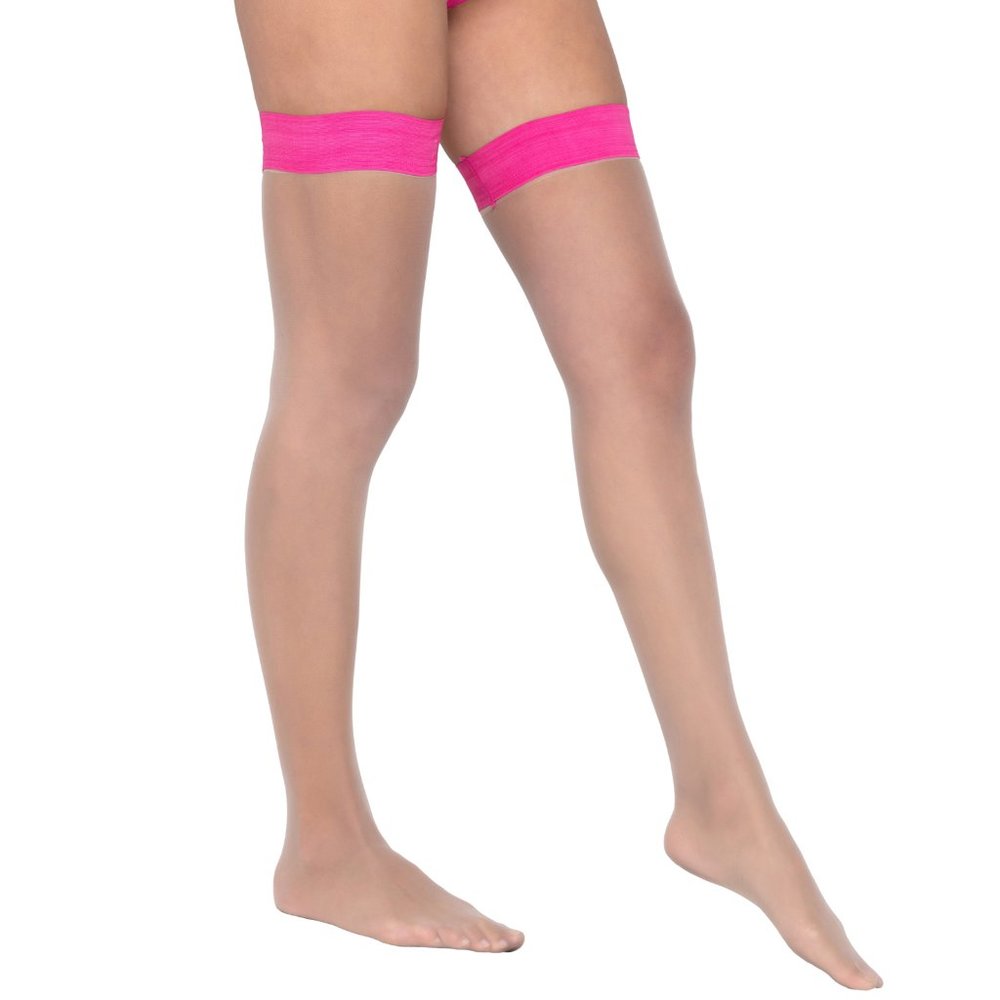 Nude Stockings with Stay Up Colored Top - Pink